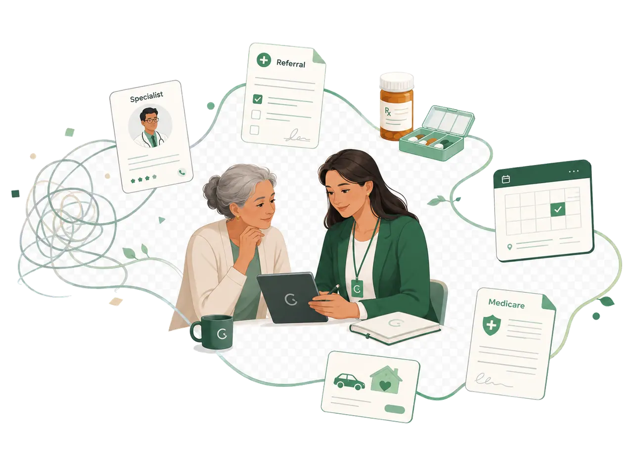 A patient and care navigator organizing specialists, referrals, medications, appointments, and Medicare benefits.