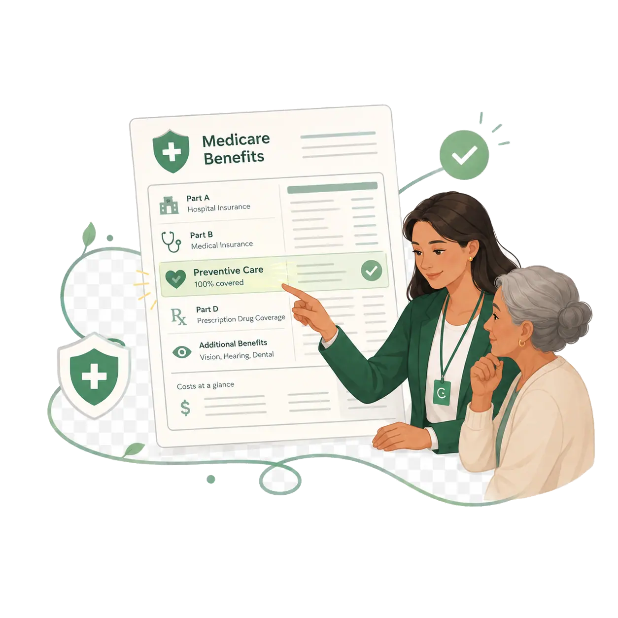 A care navigator explaining a Medicare benefits summary to a patient