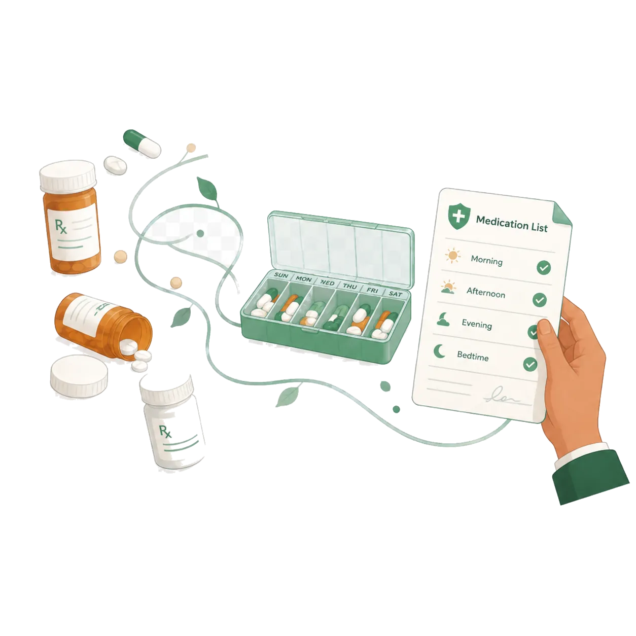 Prescription bottles, a weekly pill organizer, and a checked medication list