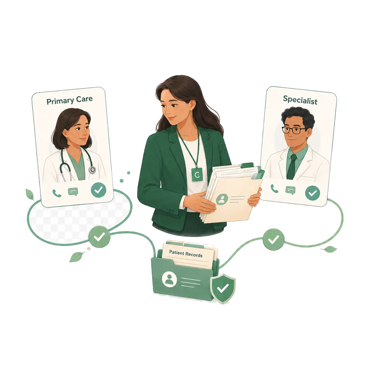 A care navigator connecting a primary care doctor and a specialist with shared patient records