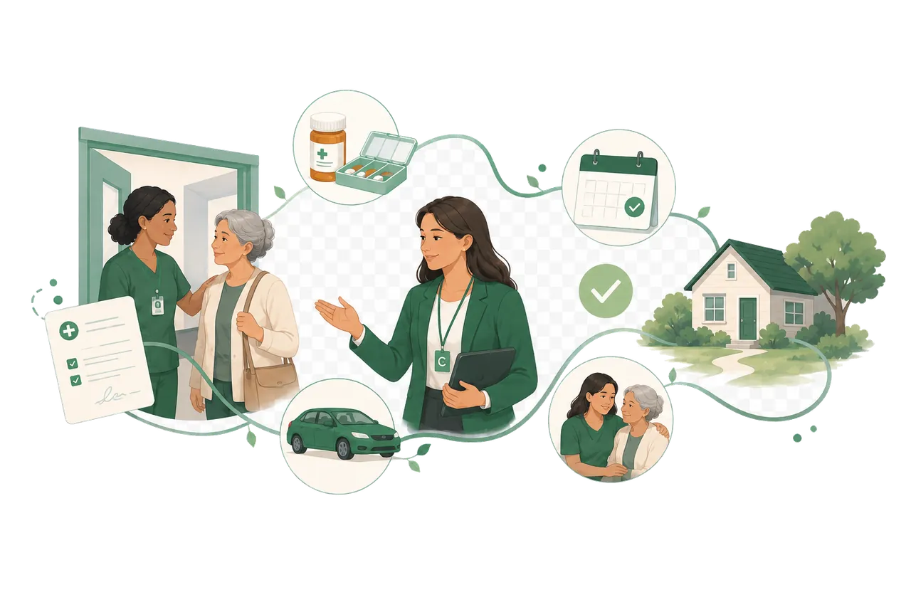 A care navigator coordinating clinic visits, medications, appointments, transportation, and home support