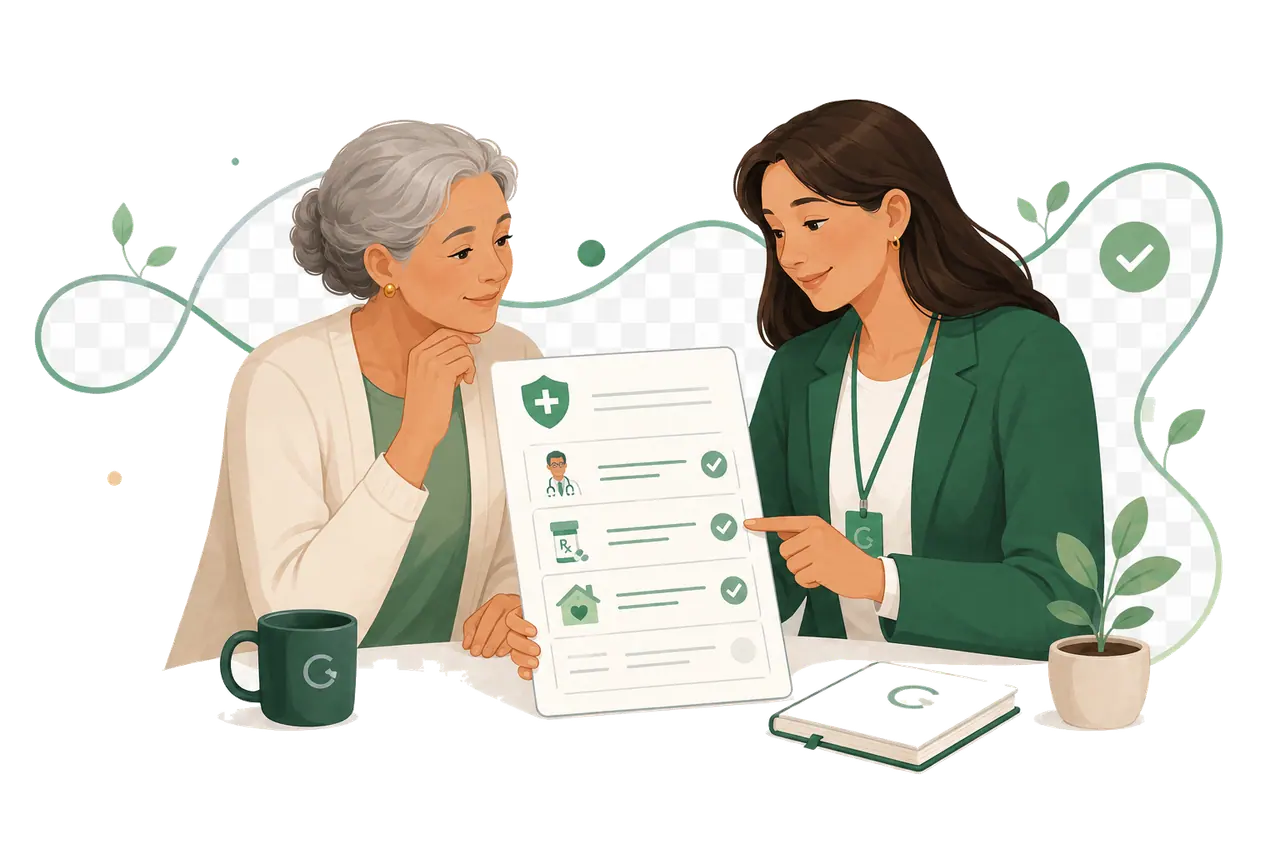 A patient and care navigator reviewing a coordinated care plan with checked benefits